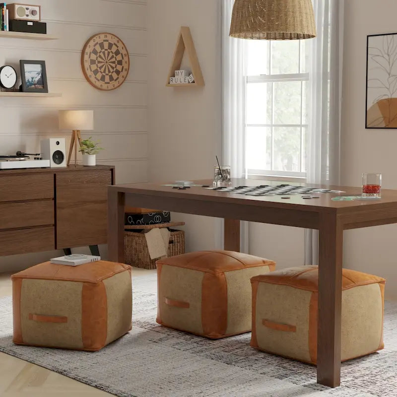 Square Genuine Leather and Jute Pouf Ottoman, 18-Inch