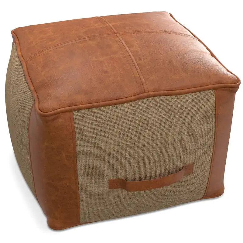 Square Genuine Leather and Jute Pouf Ottoman, 18-Inch