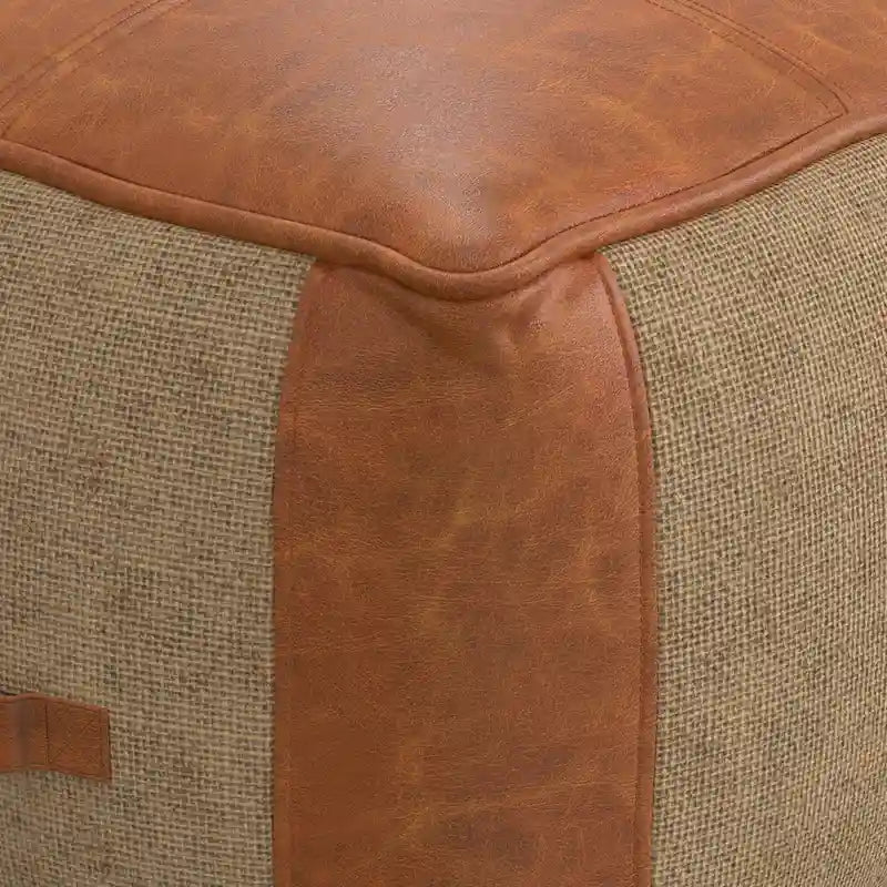 Square Genuine Leather and Jute Pouf Ottoman, 18-Inch