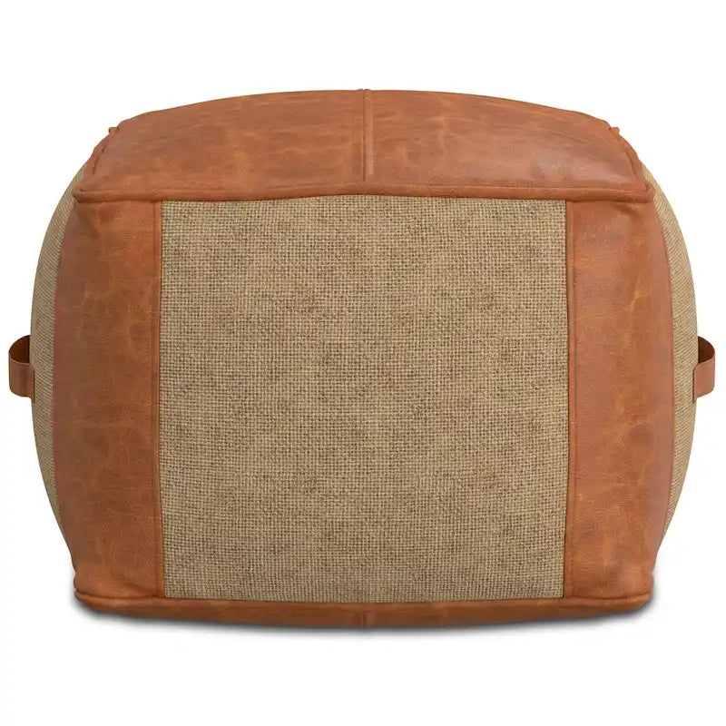 Square Genuine Leather and Jute Pouf Ottoman, 18-Inch