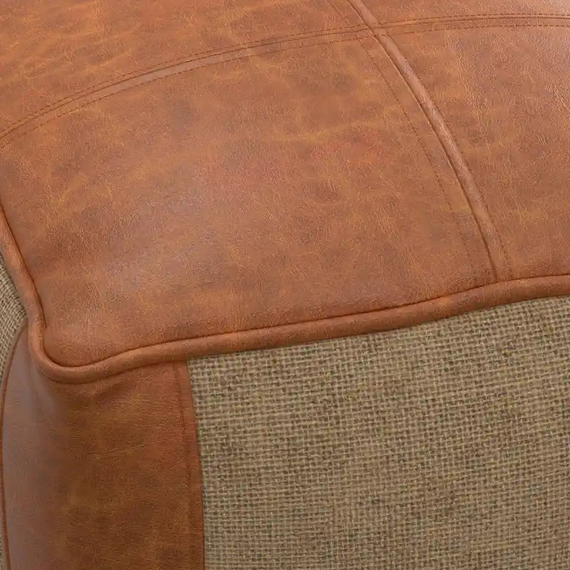 Square Genuine Leather and Jute Pouf Ottoman, 18-Inch