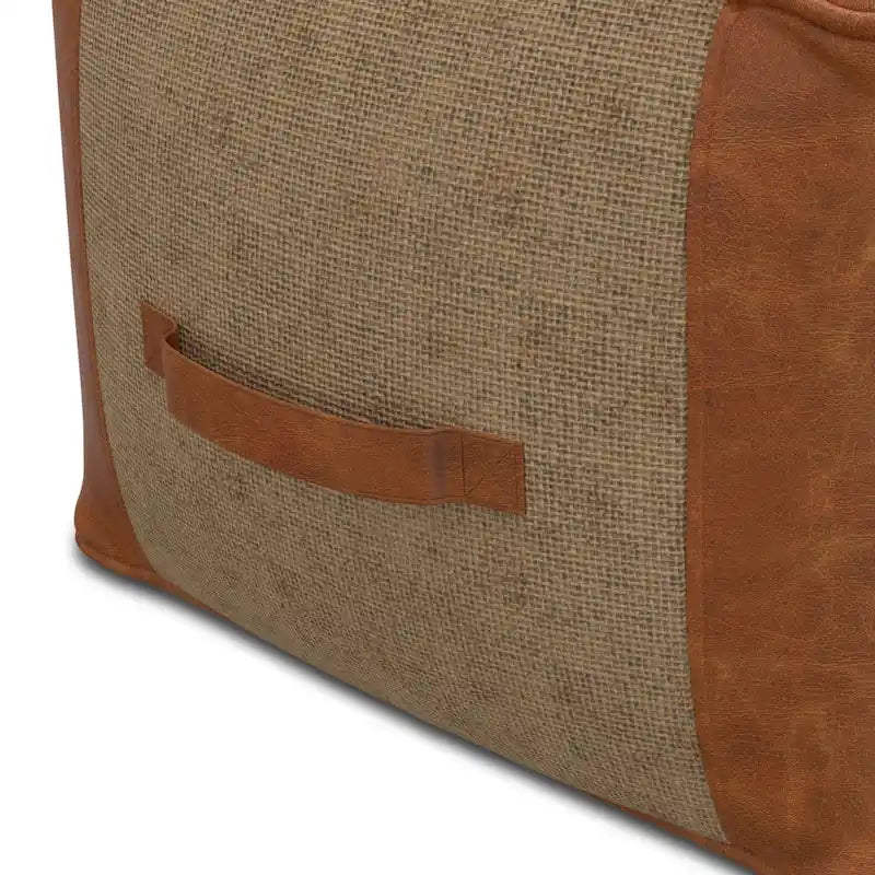 Square Genuine Leather and Jute Pouf Ottoman, 18-Inch