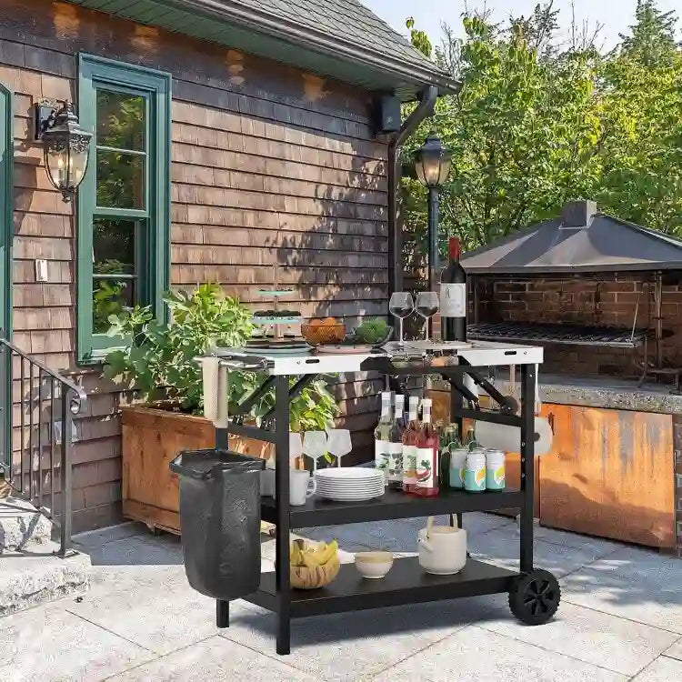 3-Tier Foldable Outdoor Cart with Wheels and Phone Holder, 42-Inch