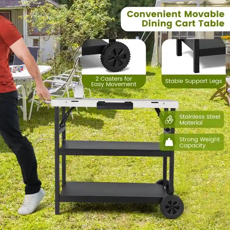 3-Tier Foldable Outdoor Cart with Wheels and Phone Holder, 42-Inch