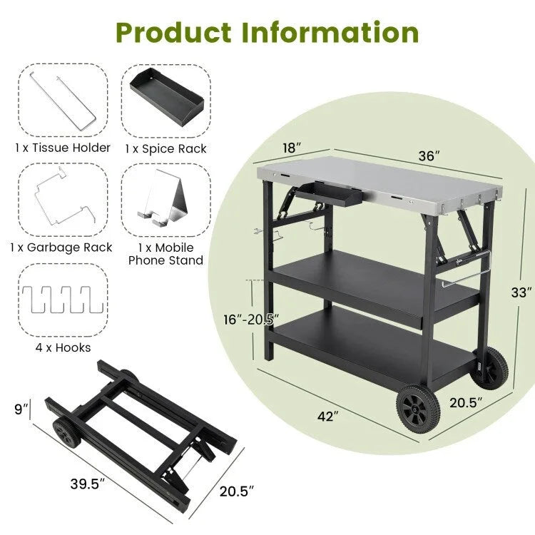 3-Tier Foldable Outdoor Cart with Wheels and Phone Holder, 42-Inch