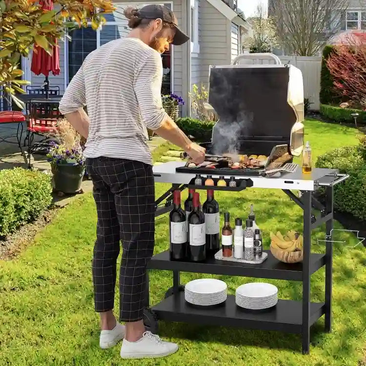 3-Tier Foldable Outdoor Cart with Wheels and Phone Holder, 42-Inch