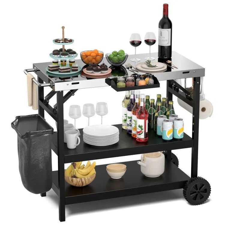 3-Tier Foldable Outdoor Cart with Wheels and Phone Holder, 42-Inch