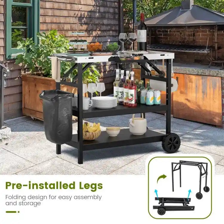 3-Tier Foldable Outdoor Cart with Wheels and Phone Holder, 42-Inch