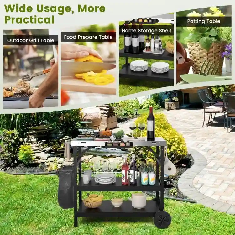3-Tier Foldable Outdoor Cart with Wheels and Phone Holder, 42-Inch