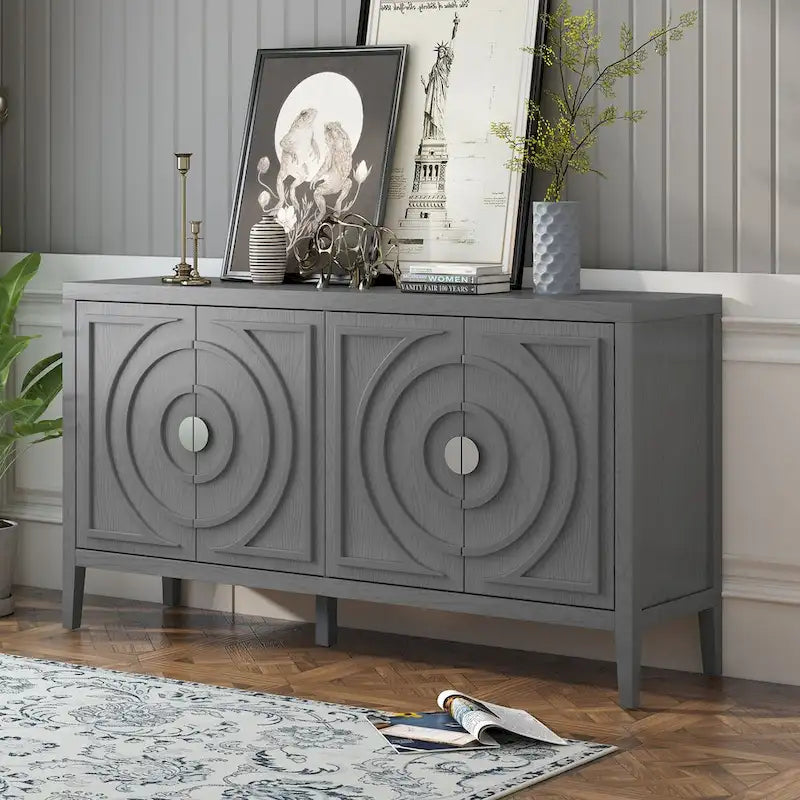 Retro Sideboard with Circular Groove Design Cabinet Doors
