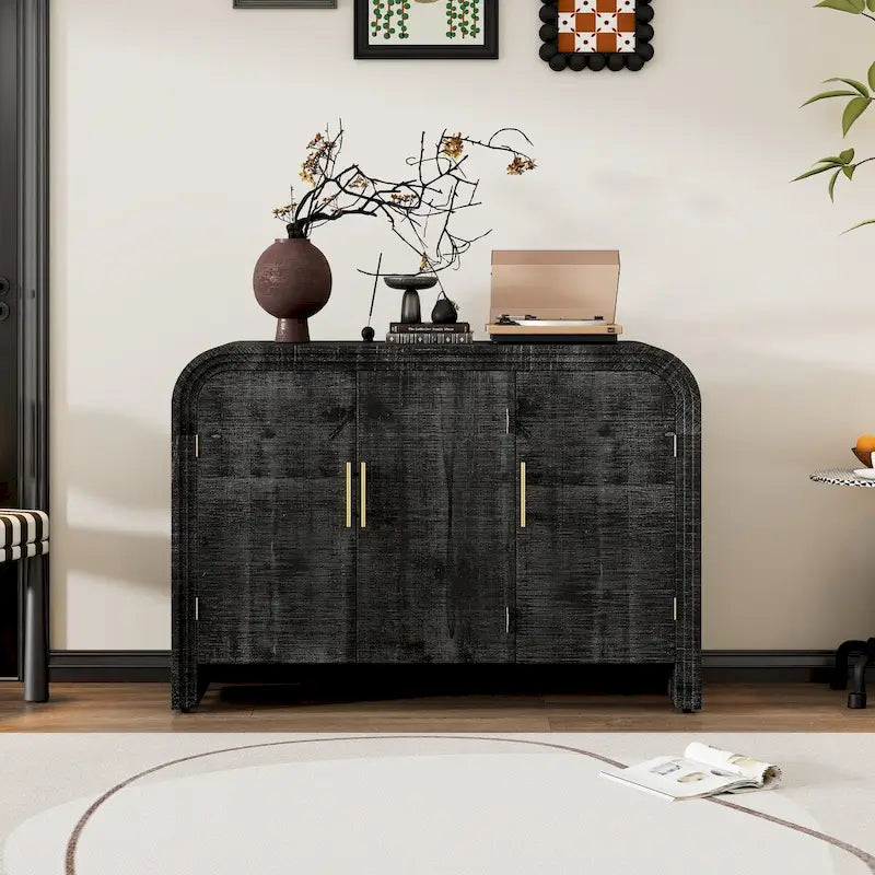 Curved Sideboard with Fir Veneer, Gold Handles and Adjustable Shelves