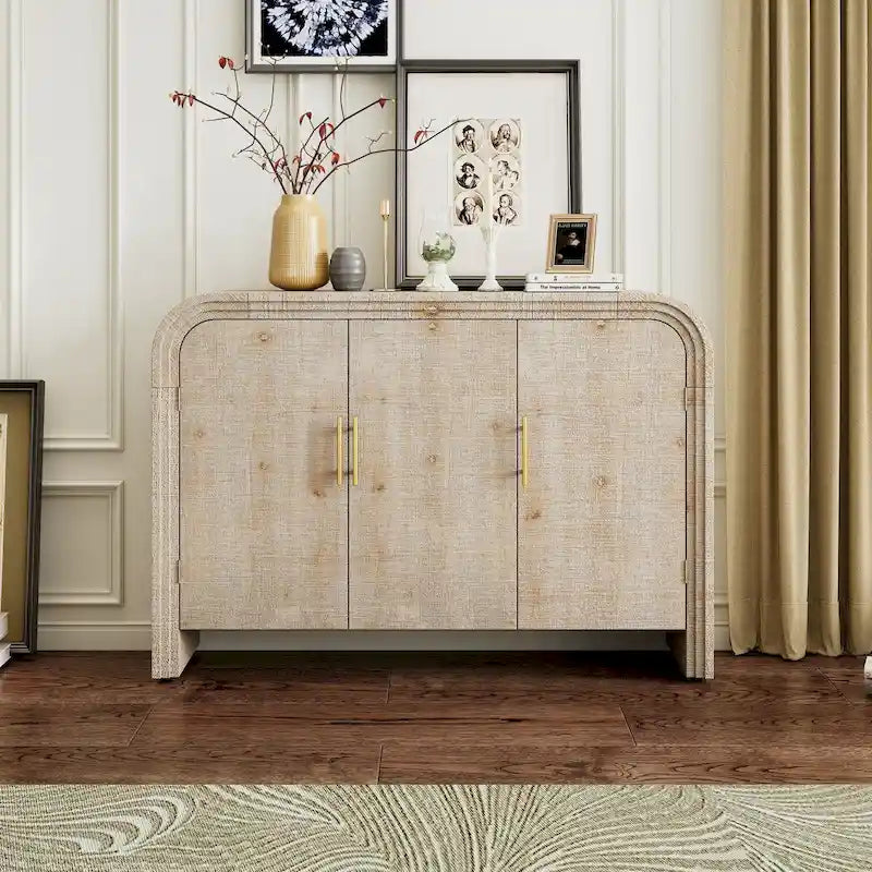 Curved Sideboard with Fir Veneer, Gold Handles and Adjustable Shelves