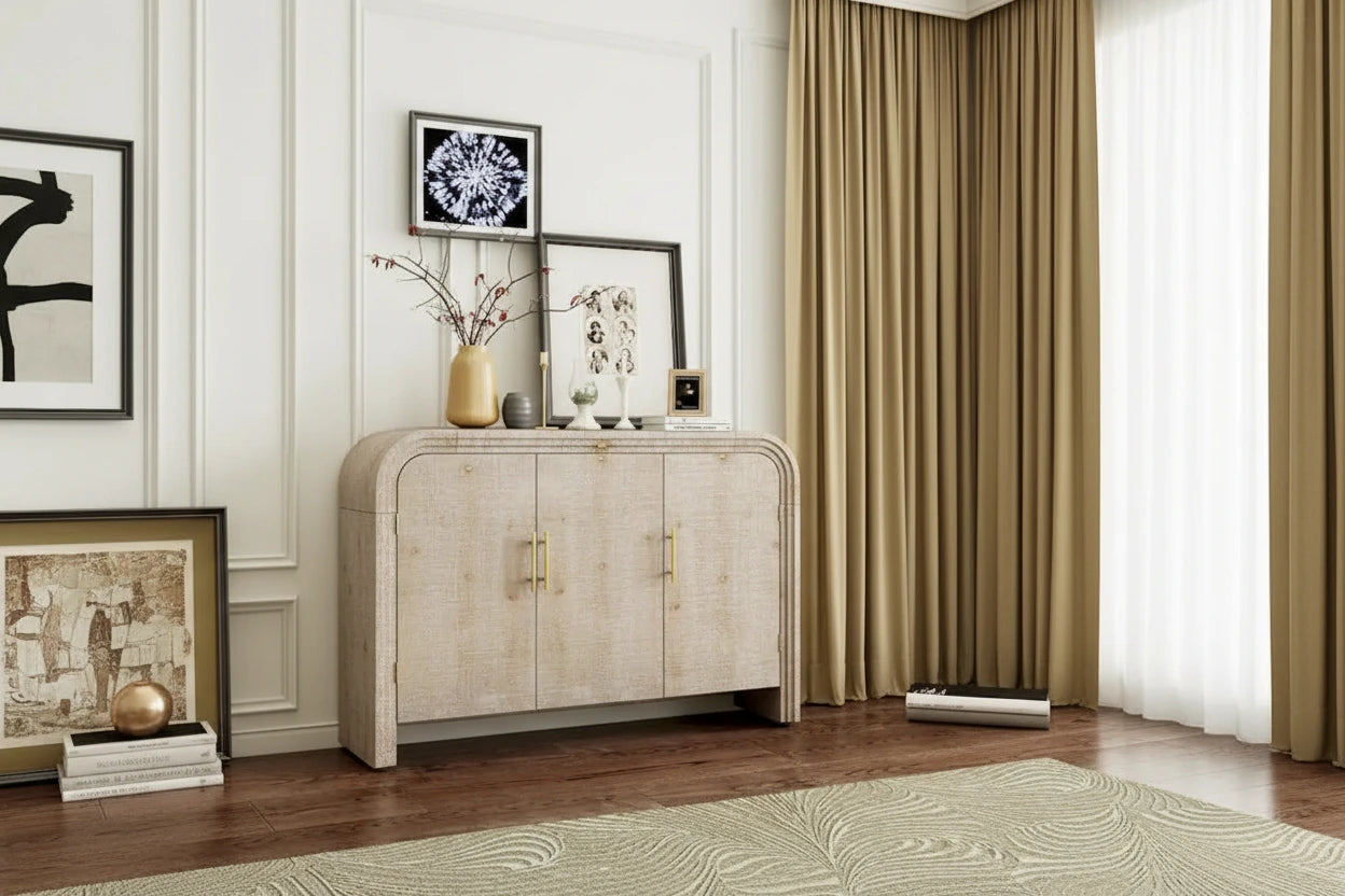 Retro Minimalist Curved Sideboard with Gold Handles - N/A