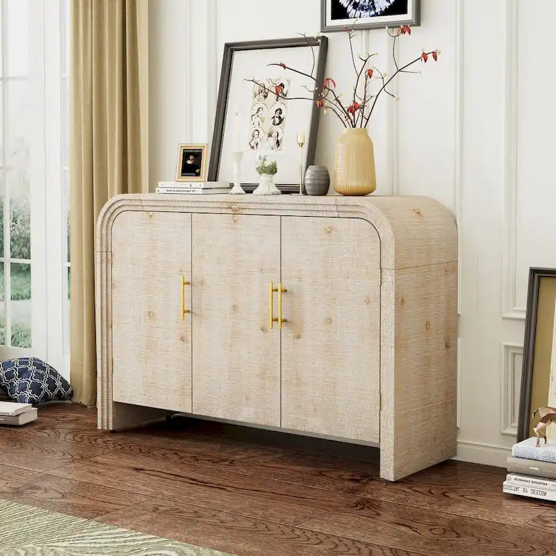 Curved Sideboard with Fir Veneer, Gold Handles and Adjustable Shelves