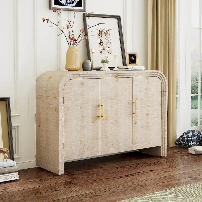 Curved Sideboard with Fir Veneer, Gold Handles and Adjustable Shelves