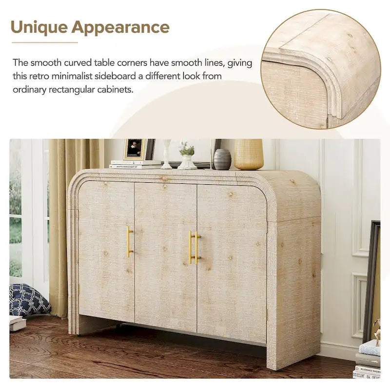 Curved Sideboard with Fir Veneer, Gold Handles and Adjustable Shelves