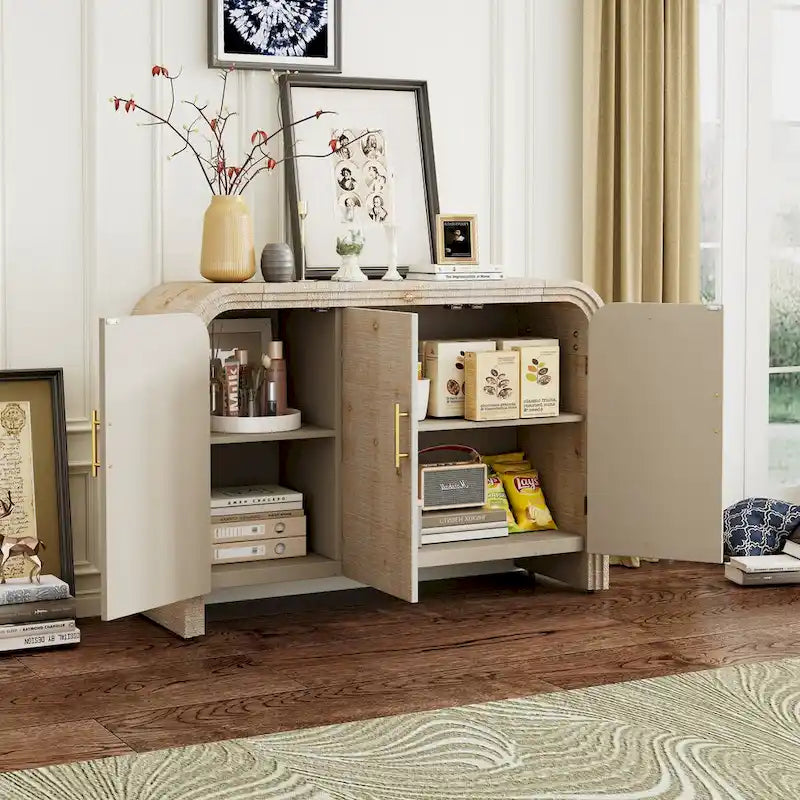 Curved Sideboard with Fir Veneer, Gold Handles and Adjustable Shelves