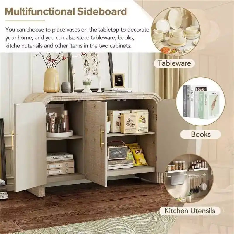 Curved Sideboard with Fir Veneer, Gold Handles and Adjustable Shelves