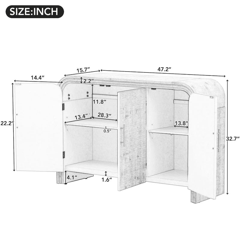 Curved Sideboard with Fir Veneer, Gold Handles and Adjustable Shelves