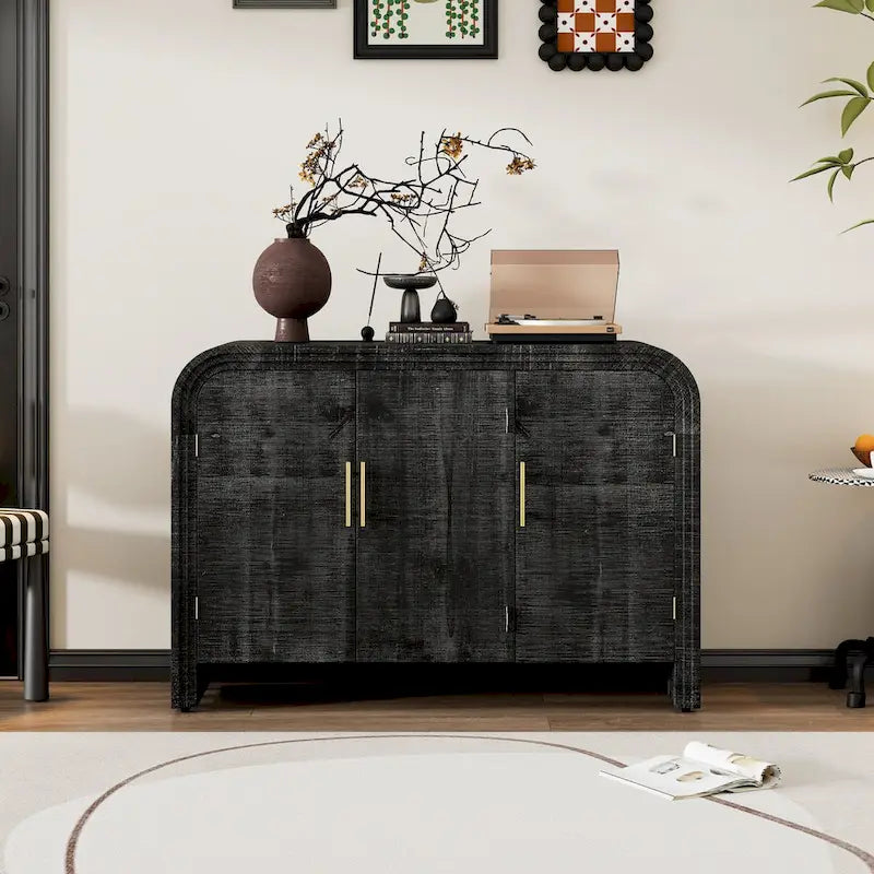 Curved Sideboard with Fir Veneer, Gold Handles and Adjustable Shelves
