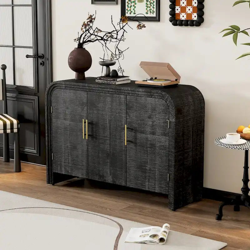 Curved Sideboard with Fir Veneer, Gold Handles and Adjustable Shelves
