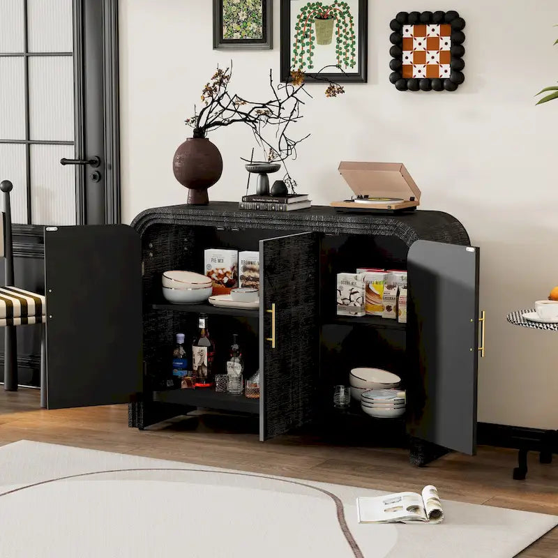Curved Sideboard with Fir Veneer, Gold Handles and Adjustable Shelves
