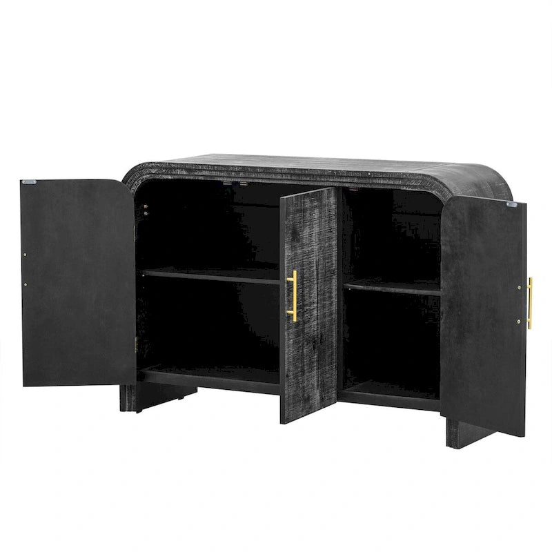 Curved Sideboard with Fir Veneer, Gold Handles and Adjustable Shelves