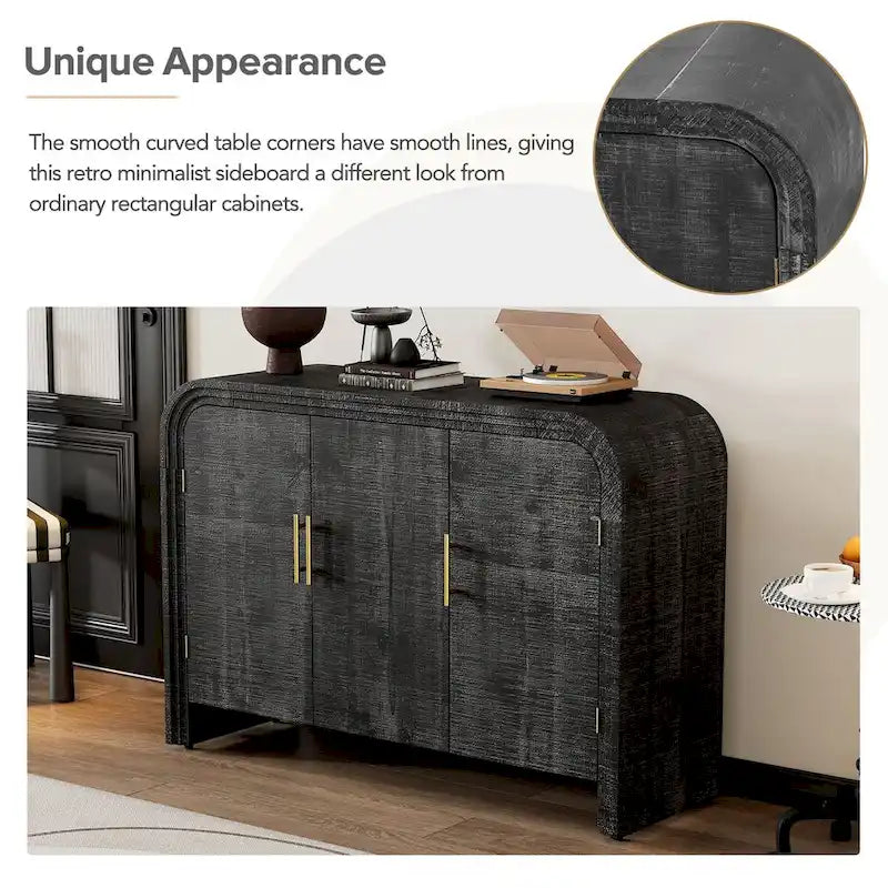 Curved Sideboard with Fir Veneer, Gold Handles and Adjustable Shelves