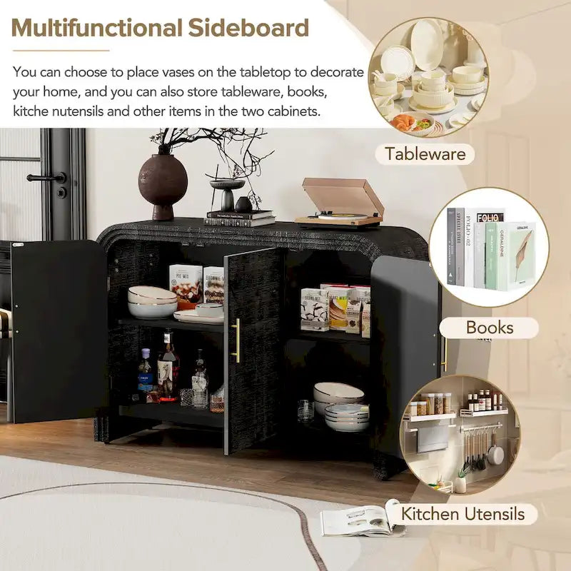 Curved Sideboard with Fir Veneer, Gold Handles and Adjustable Shelves