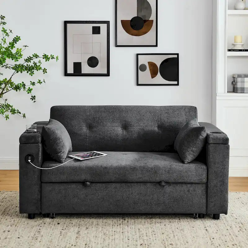 2-Seat Sleeper Sofa Bed with USB Port, Cup Holders, Side Pockets and Lumbar Pillow