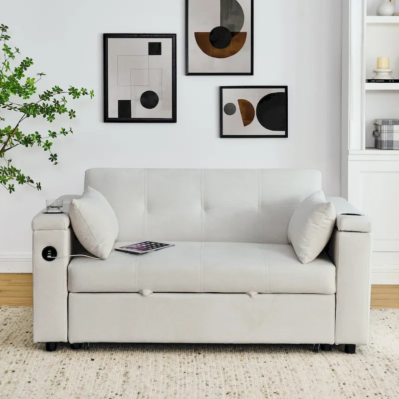 2-Seat Sleeper Sofa Bed with USB Port, Cup Holders, Side Pockets and Lumbar Pillow