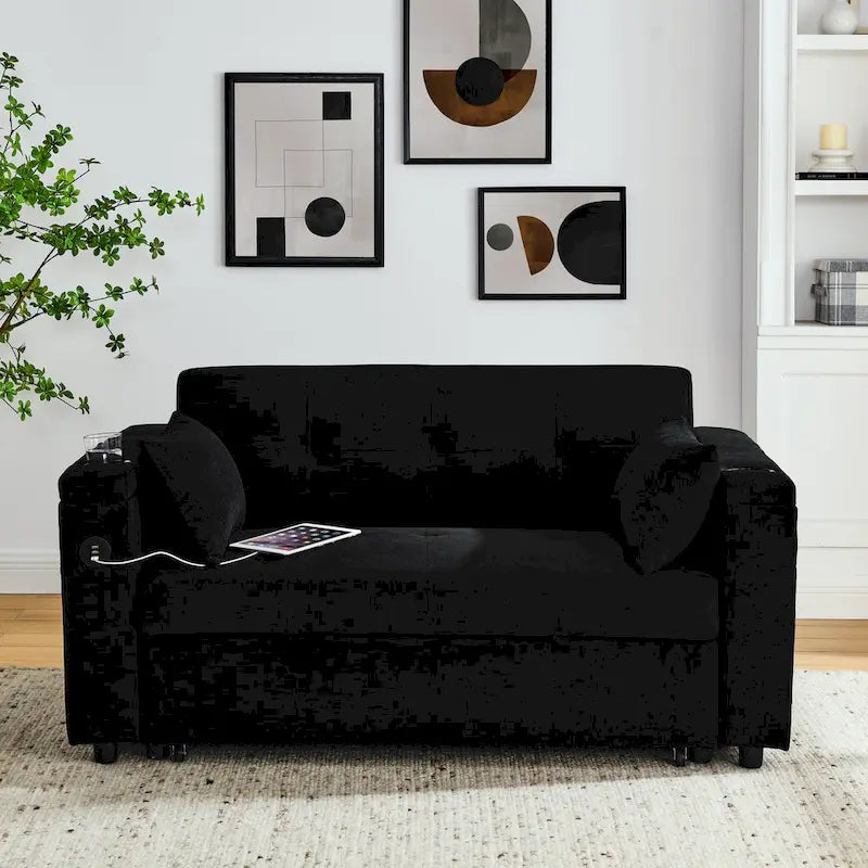 2-Seat Sleeper Sofa Bed with USB Port, Cup Holders, Side Pockets and Lumbar Pillow