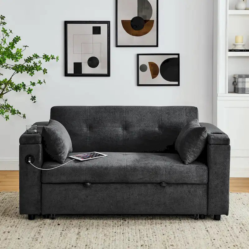 2-Seat Sleeper Sofa Bed with USB Port, Cup Holders, Side Pockets and Lumbar Pillow