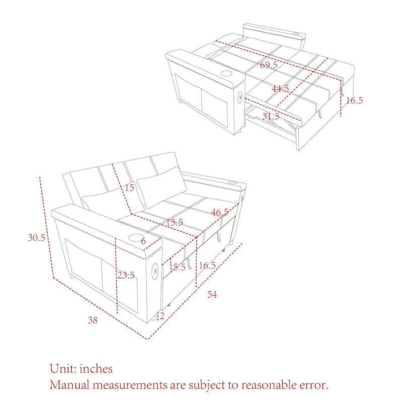 2-Seat Sleeper Sofa Bed with USB Port, Cup Holders, Side Pockets and Lumbar Pillow