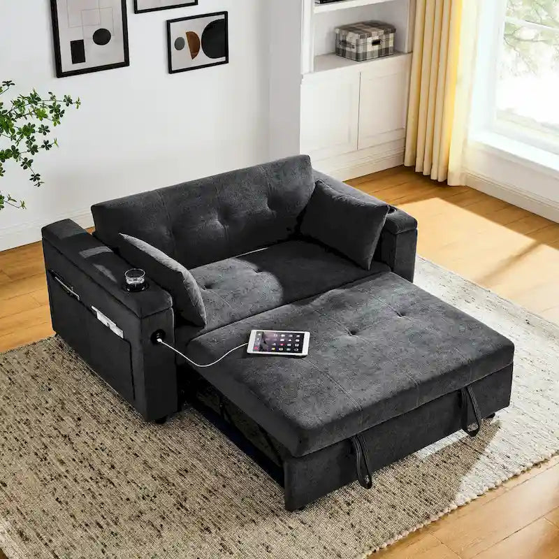 2-Seat Sleeper Sofa Bed with USB Port, Cup Holders, Side Pockets and Lumbar Pillow