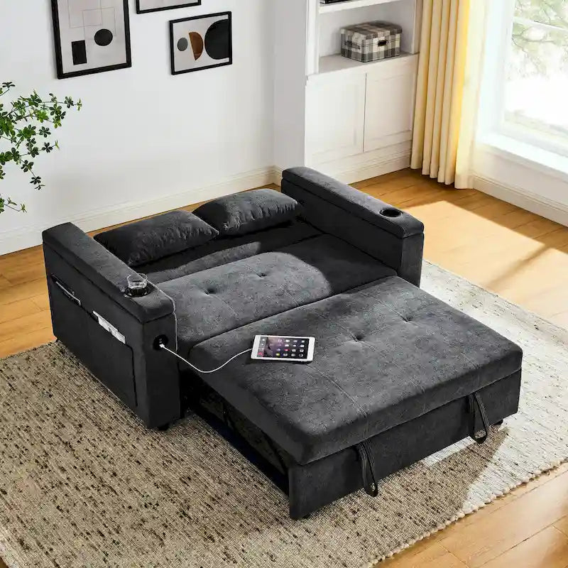 2-Seat Sleeper Sofa Bed with USB Port, Cup Holders, Side Pockets and Lumbar Pillow