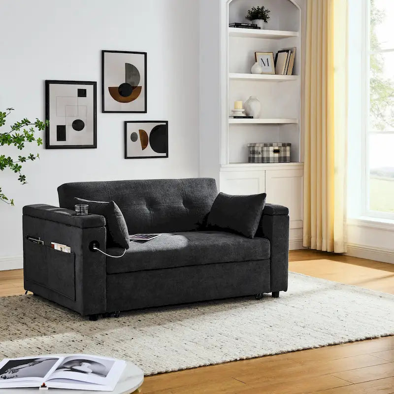 2-Seat Sleeper Sofa Bed with USB Port, Cup Holders, Side Pockets and Lumbar Pillow