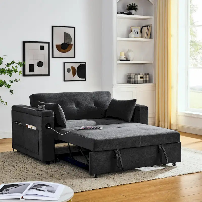 2-Seat Sleeper Sofa Bed with USB Port, Cup Holders, Side Pockets and Lumbar Pillow