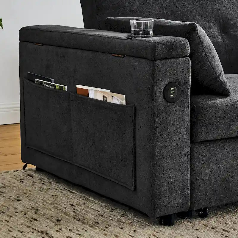 2-Seat Sleeper Sofa Bed with USB Port, Cup Holders, Side Pockets and Lumbar Pillow