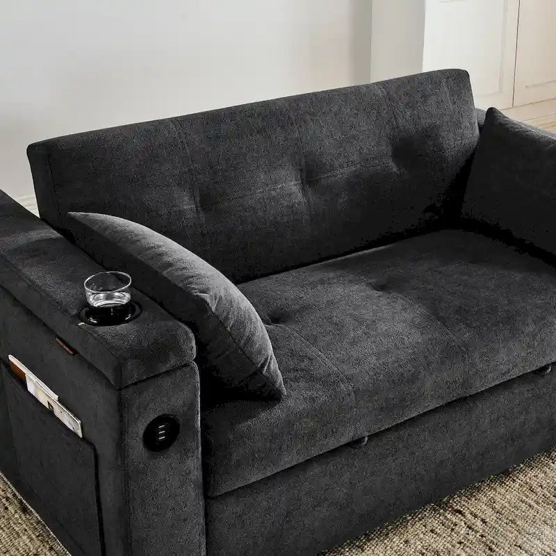 2-Seat Sleeper Sofa Bed with USB Port, Cup Holders, Side Pockets and Lumbar Pillow