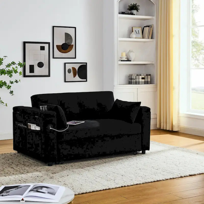 2-Seat Sleeper Sofa Bed with USB Port, Cup Holders, Side Pockets and Lumbar Pillow