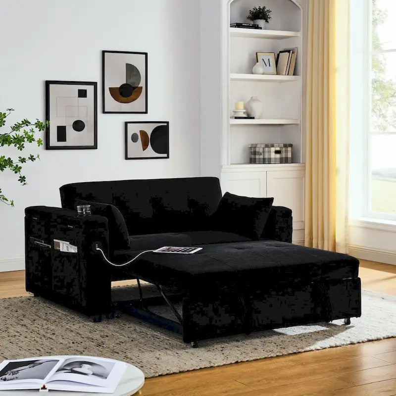 2-Seat Sleeper Sofa Bed with USB Port, Cup Holders, Side Pockets and Lumbar Pillow