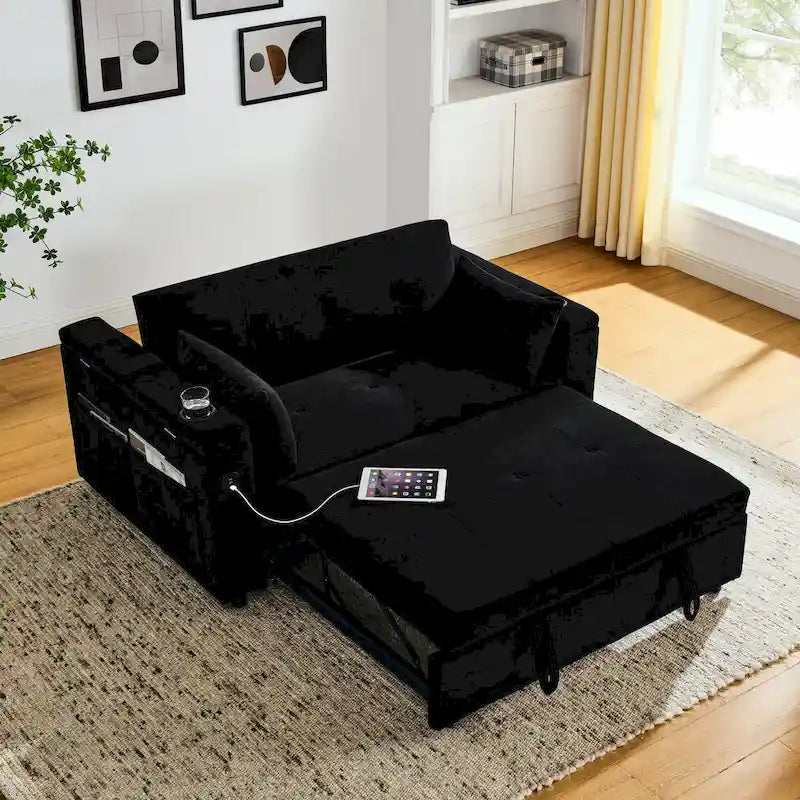 2-Seat Sleeper Sofa Bed with USB Port, Cup Holders, Side Pockets and Lumbar Pillow
