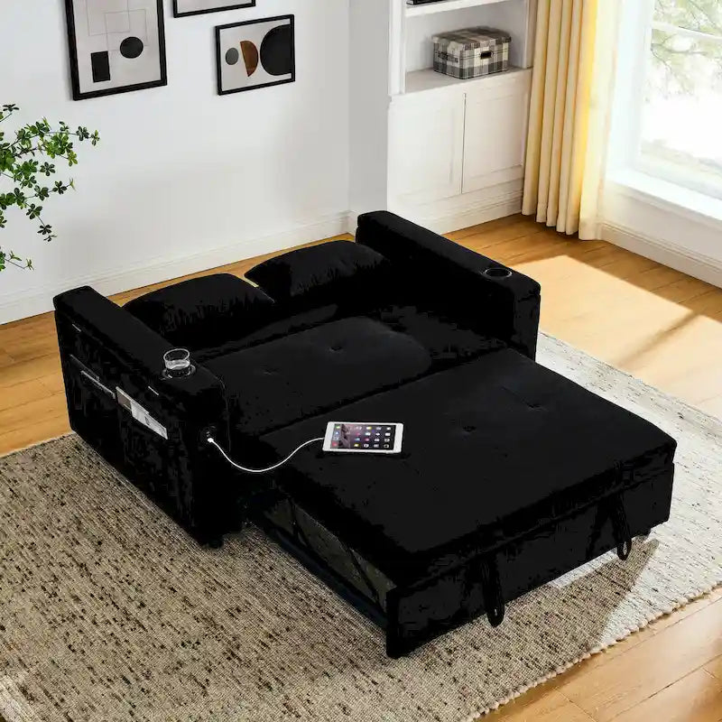 2-Seat Sleeper Sofa Bed with USB Port, Cup Holders, Side Pockets and Lumbar Pillow