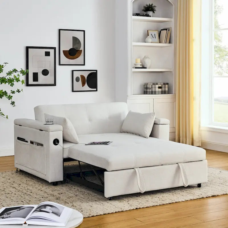 2-Seat Sleeper Sofa Bed with USB Port, Cup Holders, Side Pockets and Lumbar Pillow
