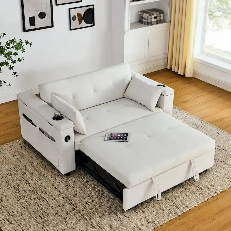 2-Seat Sleeper Sofa Bed with USB Port, Cup Holders, Side Pockets and Lumbar Pillow