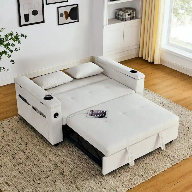 2-Seat Sleeper Sofa Bed with USB Port, Cup Holders, Side Pockets and Lumbar Pillow