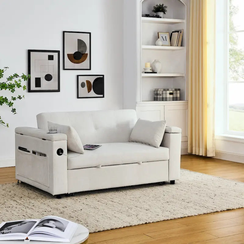 2-Seat Sleeper Sofa Bed with USB Port, Cup Holders, Side Pockets and Lumbar Pillow