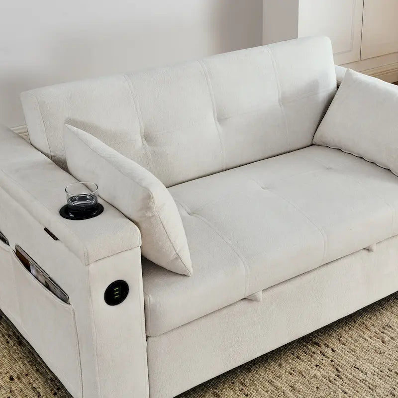 2-Seat Sleeper Sofa Bed with USB Port, Cup Holders, Side Pockets and Lumbar Pillow