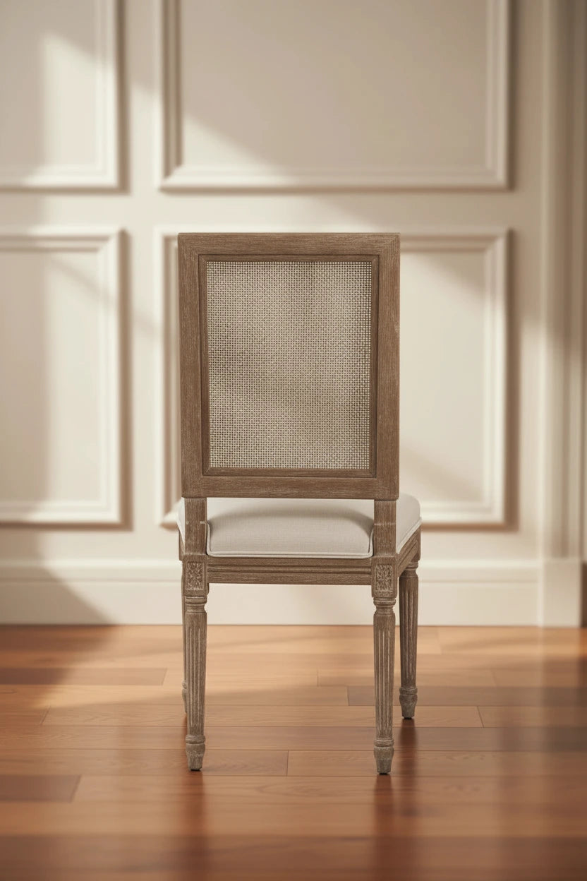 Linen and Cane Oak Dining Chair, Neutral